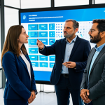 A diverse group of professional individuals, fully clothed in modern business attire, collaborating in a dynamic, brightly lit innovation hub. They are gathered around a large interactive digital display, which shows complex data visualizations and abstract idea clusters generated by AI, symbolizing the blend of human intuition and artificial intelligence. One person is gesturing towards the screen, engaged in animated discussion with colleagues, while others observe intently. The background features blurred modern architecture and large windows, hinting at a bustling tech environment in a vibrant city like Lisbon or São Paulo. Perfect anatomy, correct proportions, natural poses, well-formed hands, proper finger count, natural body proportions. Professional photography, high resolution, soft lighting, sharp focus. Fully clothed, modest clothing, appropriate attire, professional dress, safe for work, appropriate content, family-friendly.