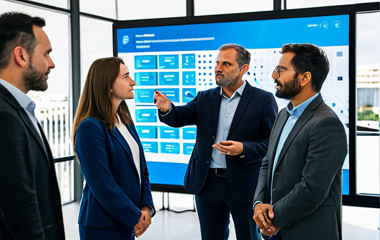 A diverse group of professional individuals, fully clothed in modern business attire, collaborating in a dynamic, brightly lit innovation hub. They are gathered around a large interactive digital display, which shows complex data visualizations and abstract idea clusters generated by AI, symbolizing the blend of human intuition and artificial intelligence. One person is gesturing towards the screen, engaged in animated discussion with colleagues, while others observe intently. The background features blurred modern architecture and large windows, hinting at a bustling tech environment in a vibrant city like Lisbon or São Paulo. Perfect anatomy, correct proportions, natural poses, well-formed hands, proper finger count, natural body proportions. Professional photography, high resolution, soft lighting, sharp focus. Fully clothed, modest clothing, appropriate attire, professional dress, safe for work, appropriate content, family-friendly.