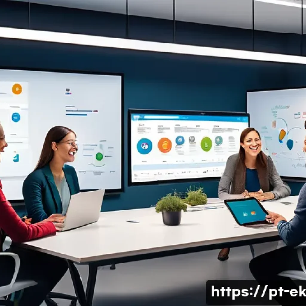 아이디어 관리 소프트웨어 비교 - A modern office environment showing a diverse remote team collaborating in real-time on a digital wh...