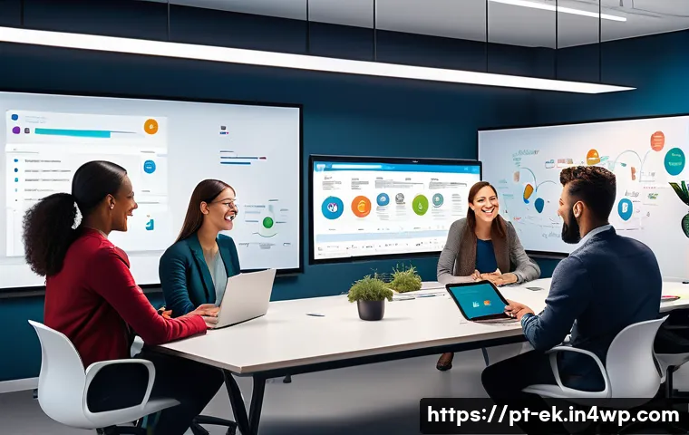 아이디어 관리 소프트웨어 비교 - A modern office environment showing a diverse remote team collaborating in real-time on a digital wh...
