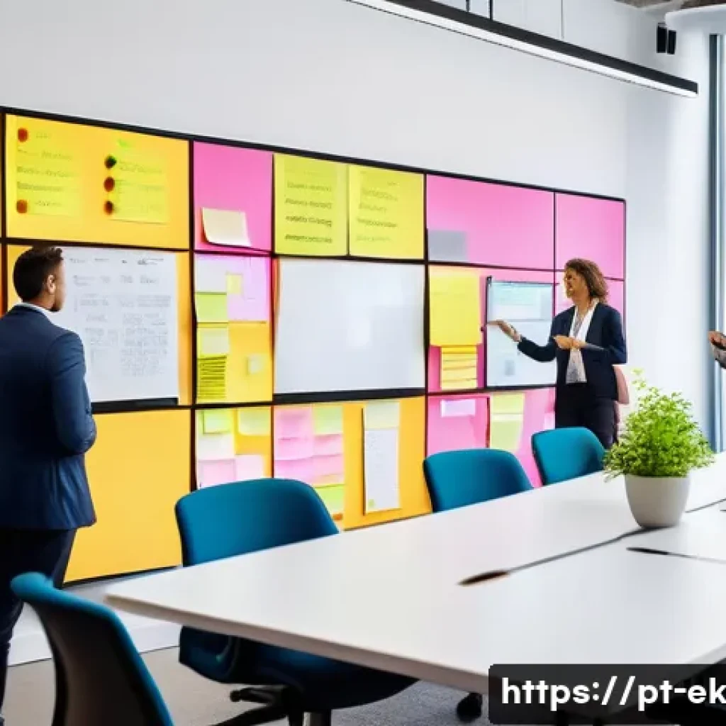 아이디어 생성 과정의 성과 공유 시스템 구축 - A modern corporate brainstorming room filled with diverse professionals collaborating actively aroun...