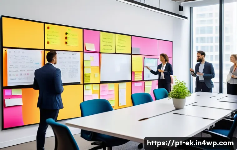 아이디어 생성 과정의 성과 공유 시스템 구축 - A modern corporate brainstorming room filled with diverse professionals collaborating actively aroun...