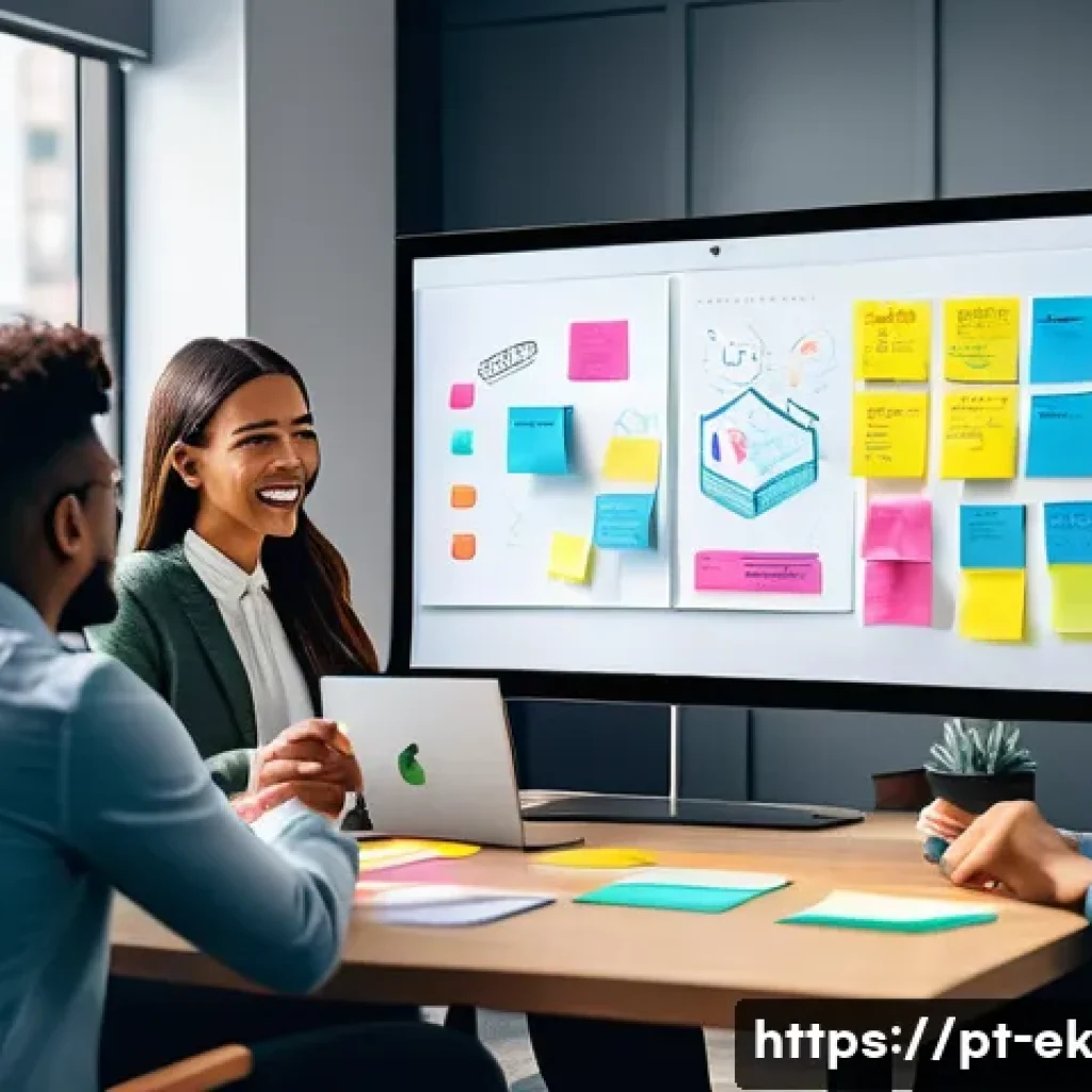 온라인 협업 툴을 활용한 아이디어 생성 - A diverse group of professionals engaged in a lively virtual brainstorming session using a digital w...