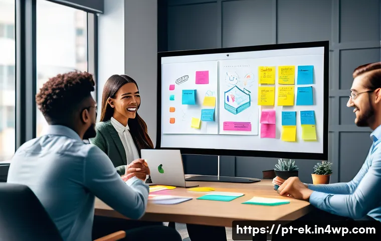 온라인 협업 툴을 활용한 아이디어 생성 - A diverse group of professionals engaged in a lively virtual brainstorming session using a digital w...
