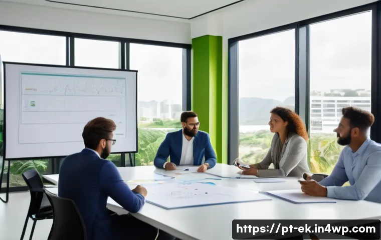 효율적인 아이디어 스크리닝 시스템 구축 - A modern office scene showing a diverse team of professionals gathered around a large table engaged ...
